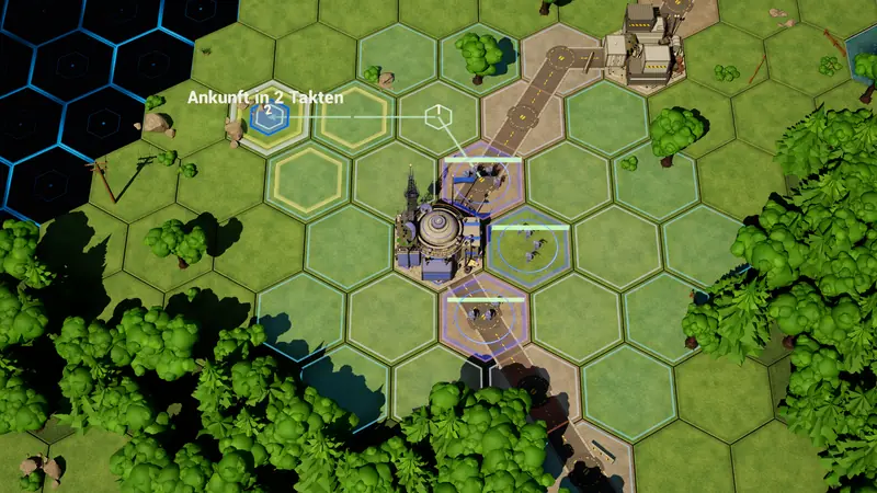 Pfadplanung im Spiel: eine Einheit mit dem Hinweis „Ankunft in 2 Takten“